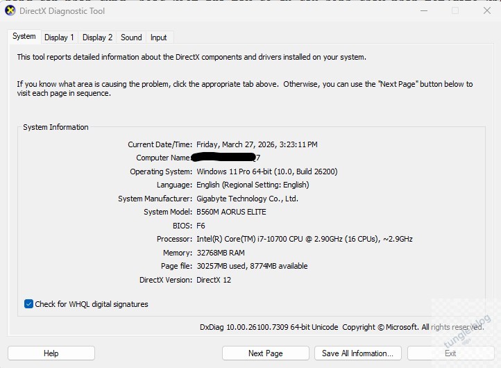 Dùng dxdiag trên windows để kiểm tra cấu hình máy tính