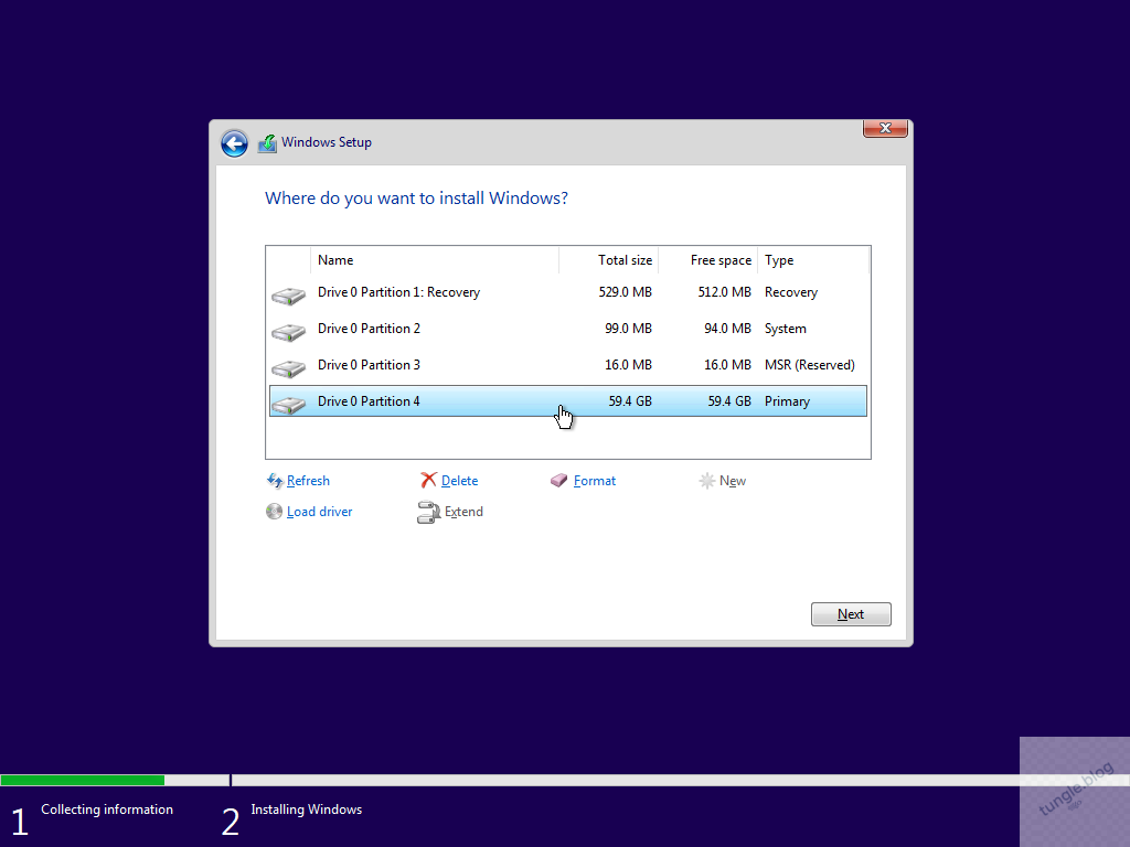 Phân vùng ổ cứng trong Windows Setup khi cài Windows bằng USB