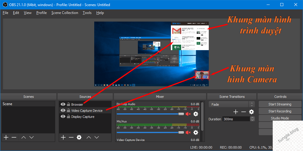Giao diện OBS Studio cấu hình quay màn hình có tiếng