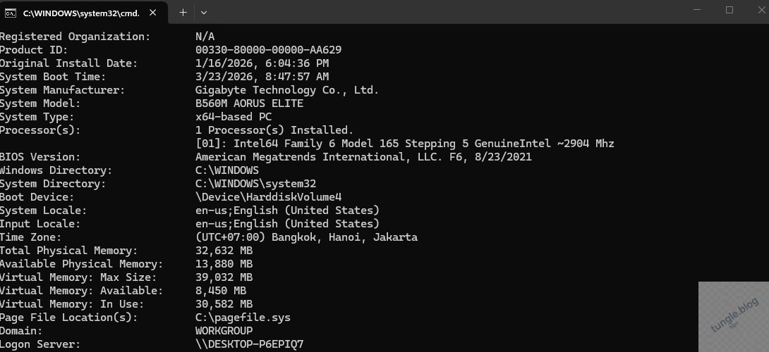 Lệnh systeminfo dùng trong command Prompt để xem cấu hình PC
