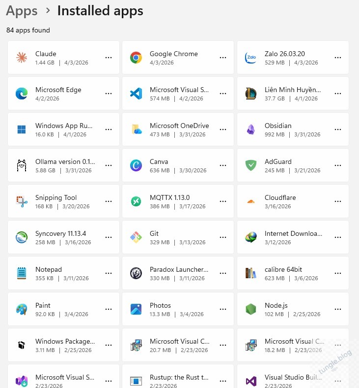 danh sách những app cài trên máy tính